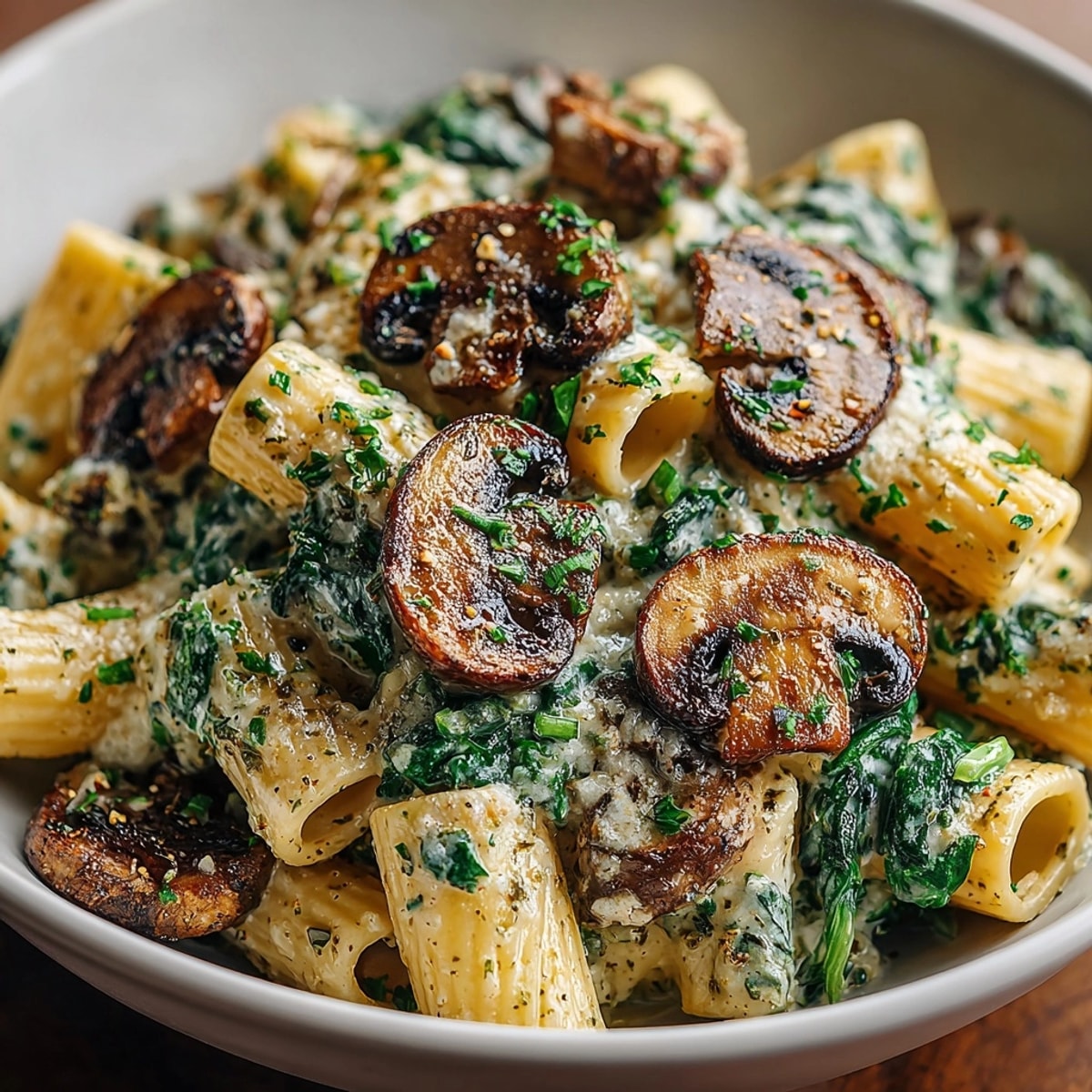 One-Pan Creamy Mushroom & Spinach Pasta: golden brown mushrooms tossed with tender spinach, ready to serve.