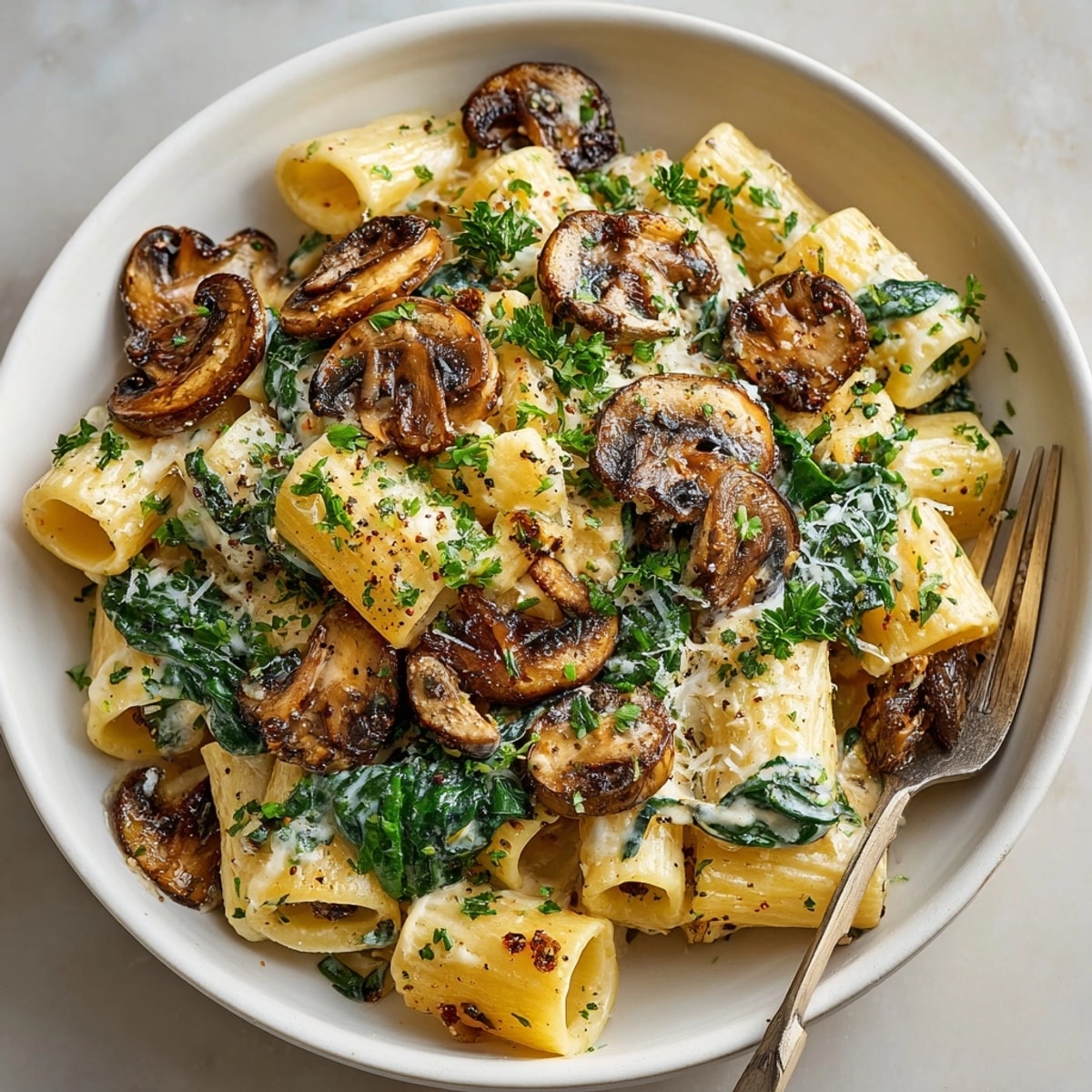 A comforting bowl of One-Pan Creamy Mushroom &amp; Spinach Pasta; cheesy, quick weeknight dinner.