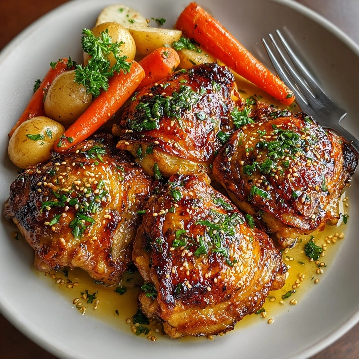 Juicy Honey Garlic Butter Chicken Thighs sizzling in a pan, ready for dinner.