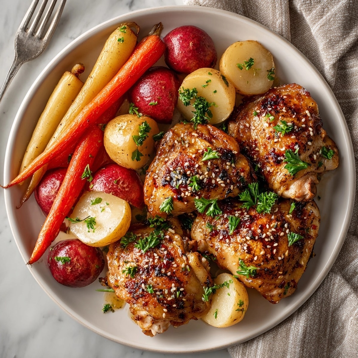 Close-up of glazed Honey Garlic Butter Chicken Thighs; savory aroma & sweet taste.