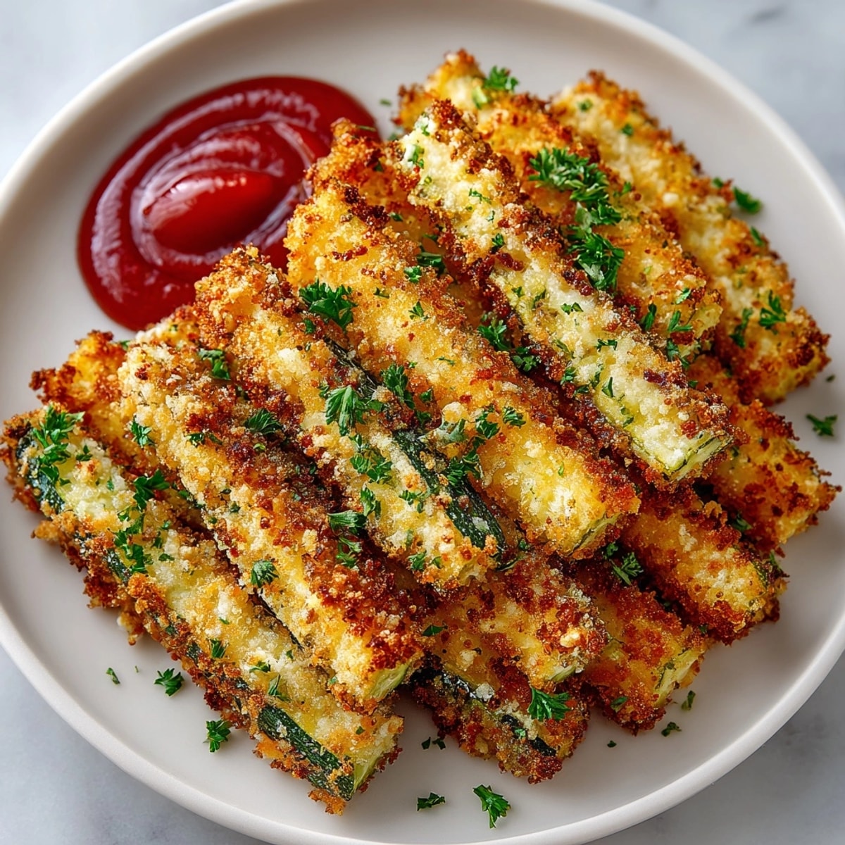 Crispy Baked Parmesan Zucchini Fries, golden brown and ready for dipping in marinara.