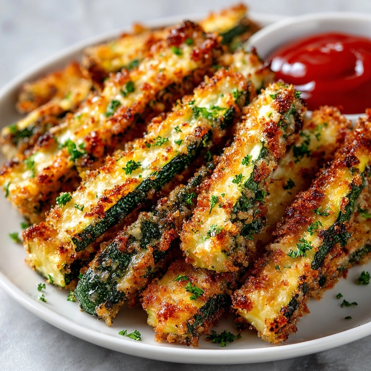 Close-up of tender Baked Parmesan Zucchini Fries—a delicious snack ready to serve.