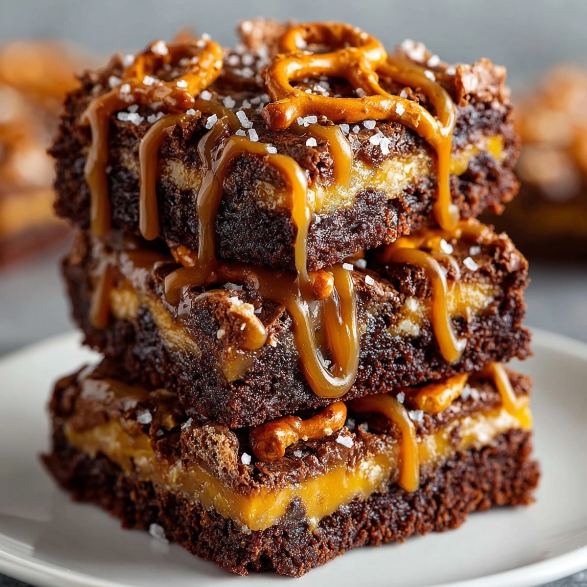 Rich, fudgy Salted Caramel Pretzel Brownies, warm from the oven, ready to slice.