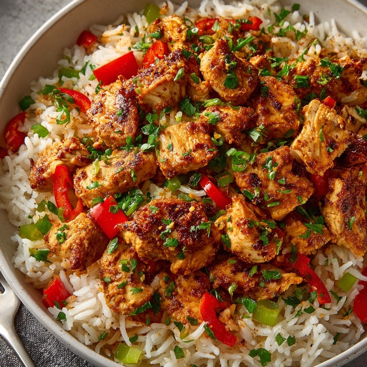 Savory One-Pot Cajun Chicken and Rice simmers, aroma filling a cozy kitchen.