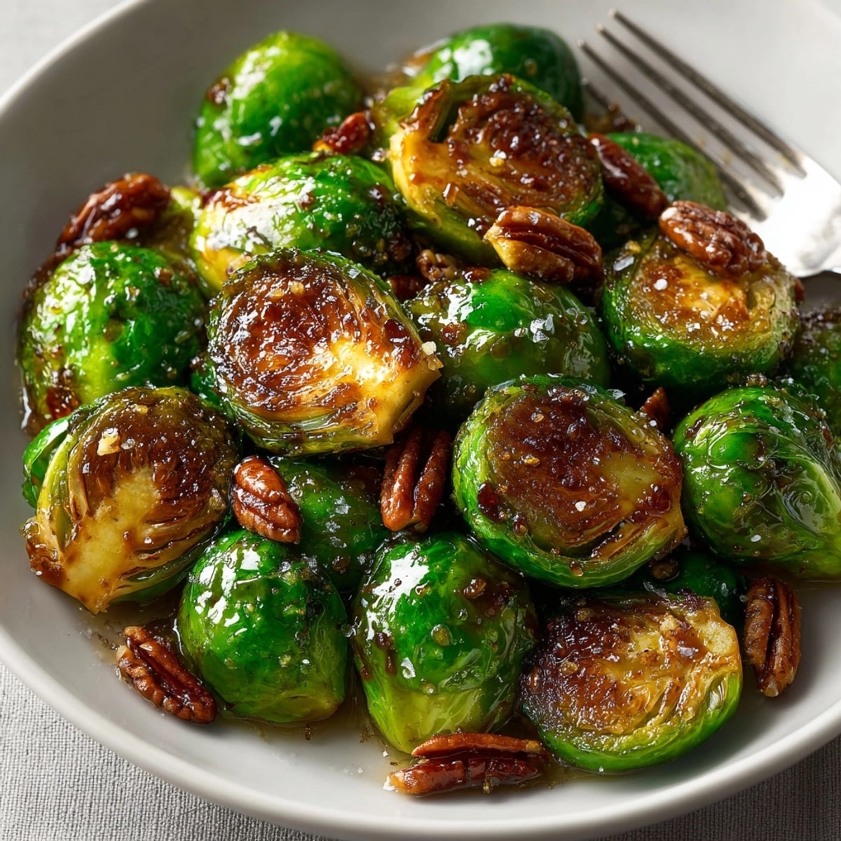 Crisp Maple Glazed Roasted Brussels Sprouts, glistening with a sweet glaze and toasted edges.
