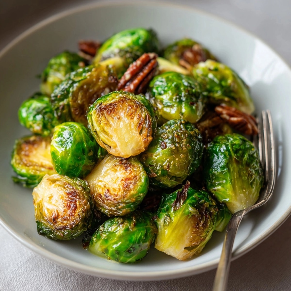 Golden-brown Maple Glazed Roasted Brussels Sprouts, ready for a comforting Thanksgiving side dish.
