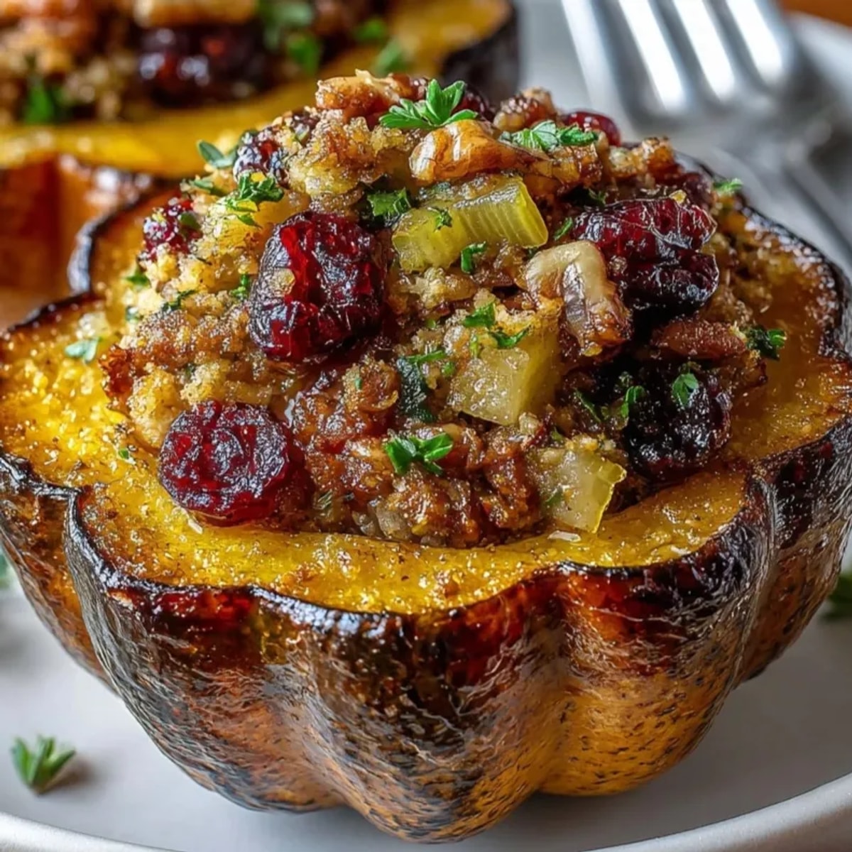 Golden-brown cranberry walnut stuffed acorn squash, ready to bake and fill the kitchen with autumn spice!
