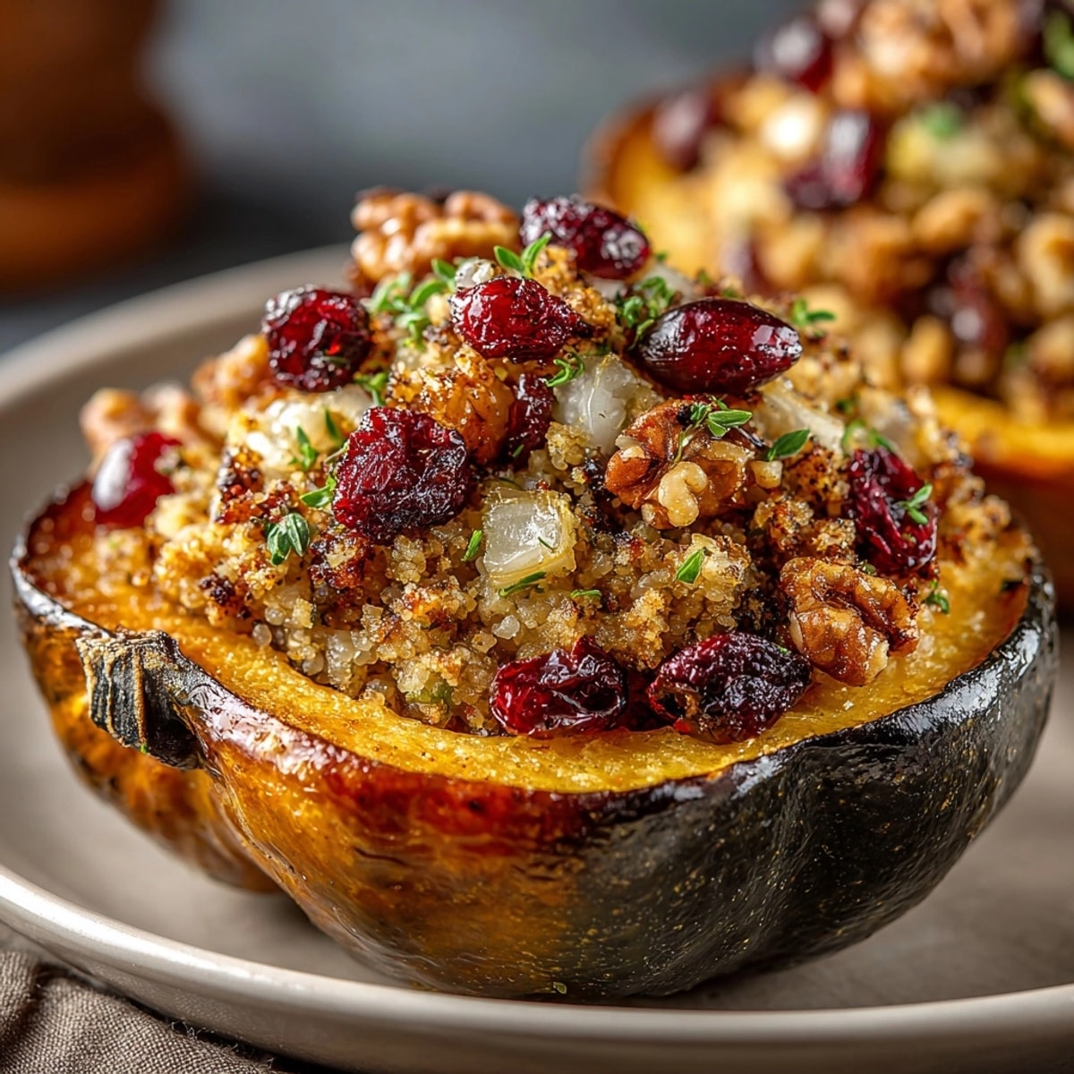 Creamy tender acorn squash filled with sweet cranberry walnut goodness makes a perfect Thanksgiving side dish.