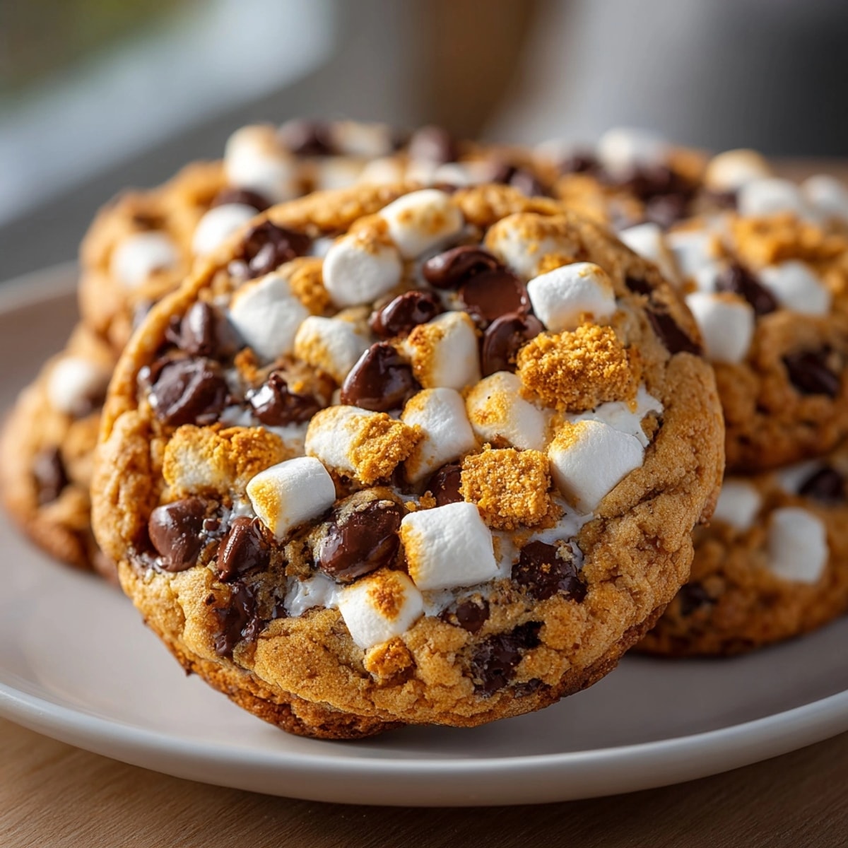 Warm, spiced Pumpkin S’mores Cookies with melting chocolate and toasted marshmallows, fresh from the oven.
