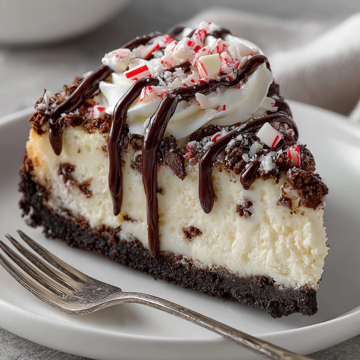 Close-up of creamy White Chocolate Peppermint Bark Cheesecake; the perfect holiday dessert with festive toppings.