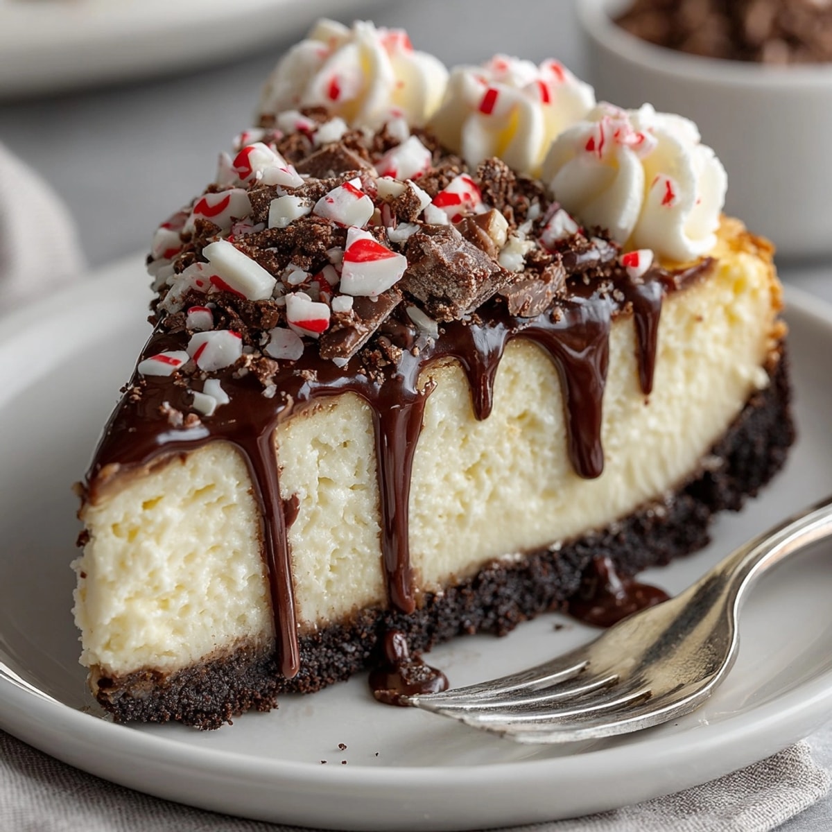 A slice of rich White Chocolate Peppermint Bark Cheesecake showing layers of peppermint, chocolate and crust.