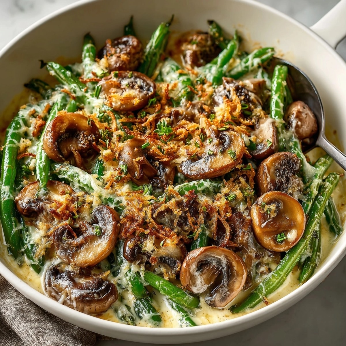 Creamy Keto Green Bean Casserole with a crispy almond topping, baking to golden perfection.