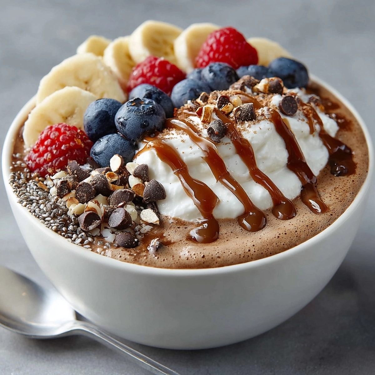 Creamy mocha overnight oats, topped with berries, ready to enjoy on-the-go.