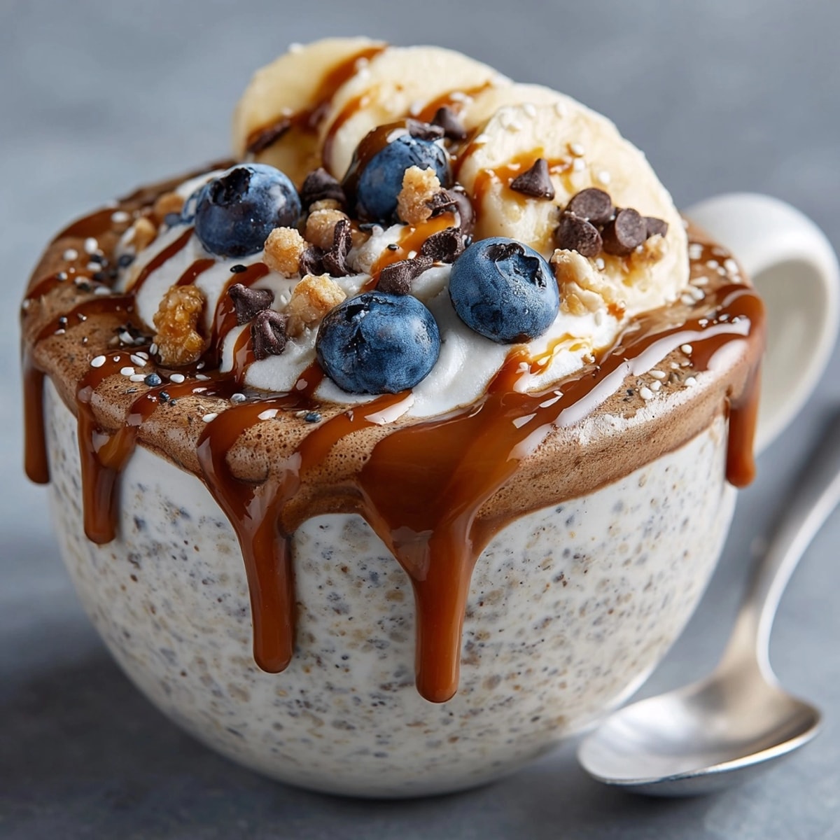 Cold mocha overnight oats, topped with chocolate and fruit, a healthy morning start.