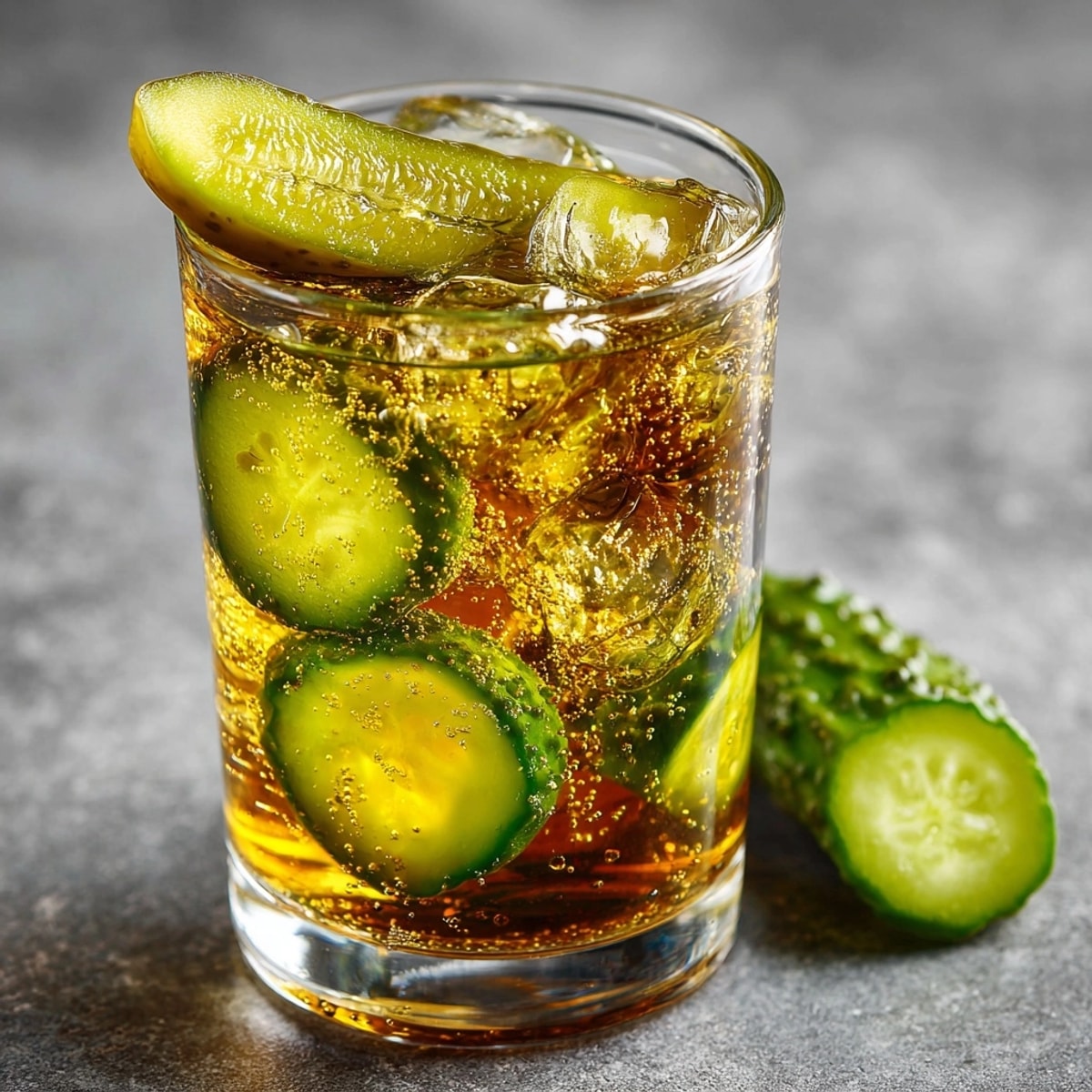 Homemade Pickle Juice Cola ready to drink: dill pickle spears floating in bubbly refreshment.