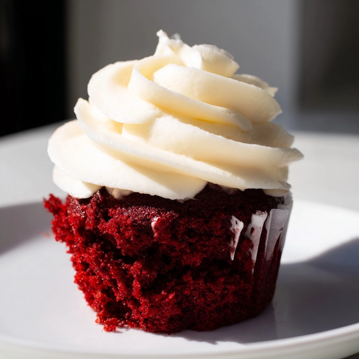 Close-up of moist Red Velvet Cupcakes showing rich color and creamy frosting peaks.