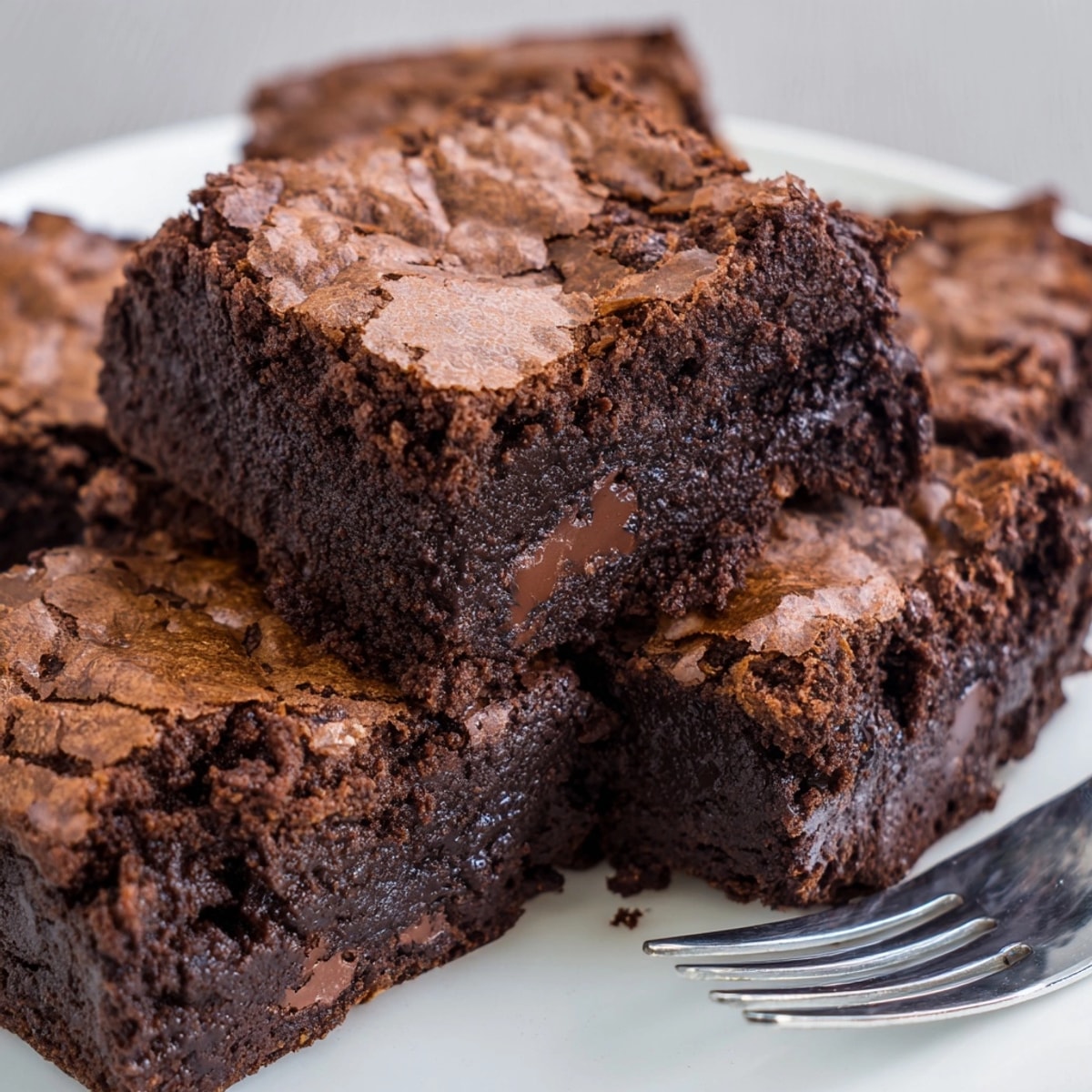 Top-down view of freshly baked Fudge Brownies glistening on parchment, cooling before slicing.