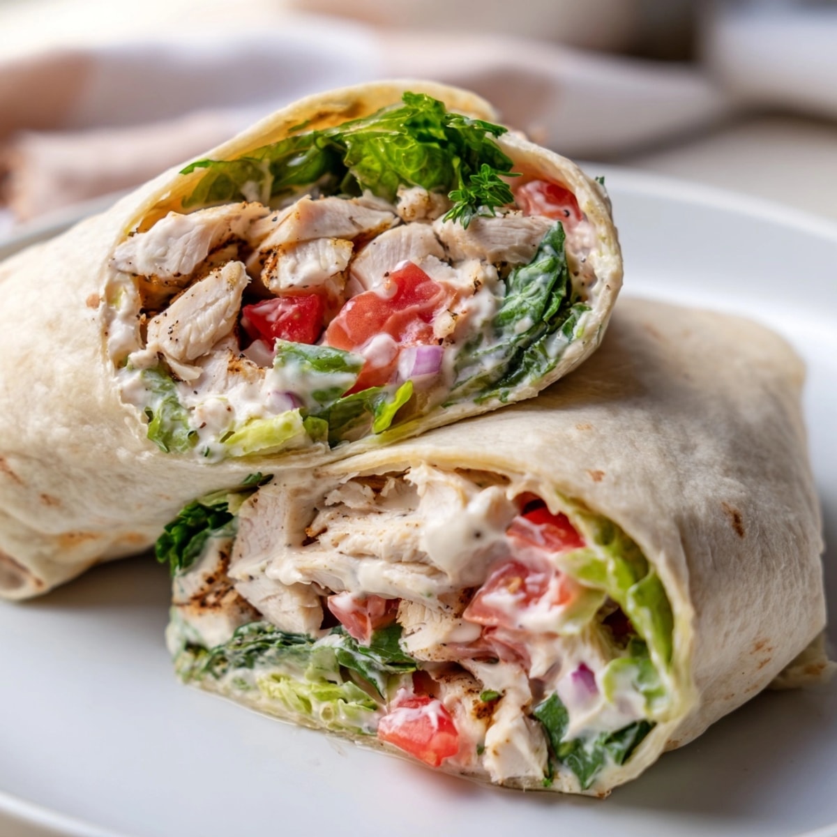 Close up of a delicious Garlic Herb Chicken Alfredo Wrap, oozing with creamy sauce.
