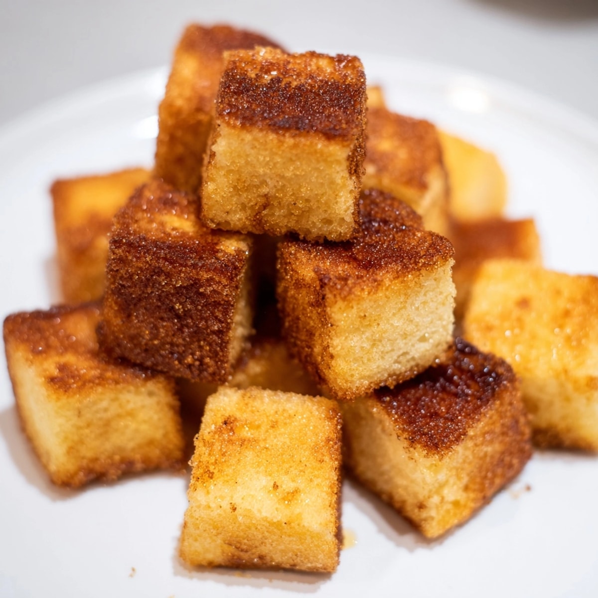 Golden Cinnamon Brown Sugar French Toast Bites, glistening and ready for a tasty breakfast bite.