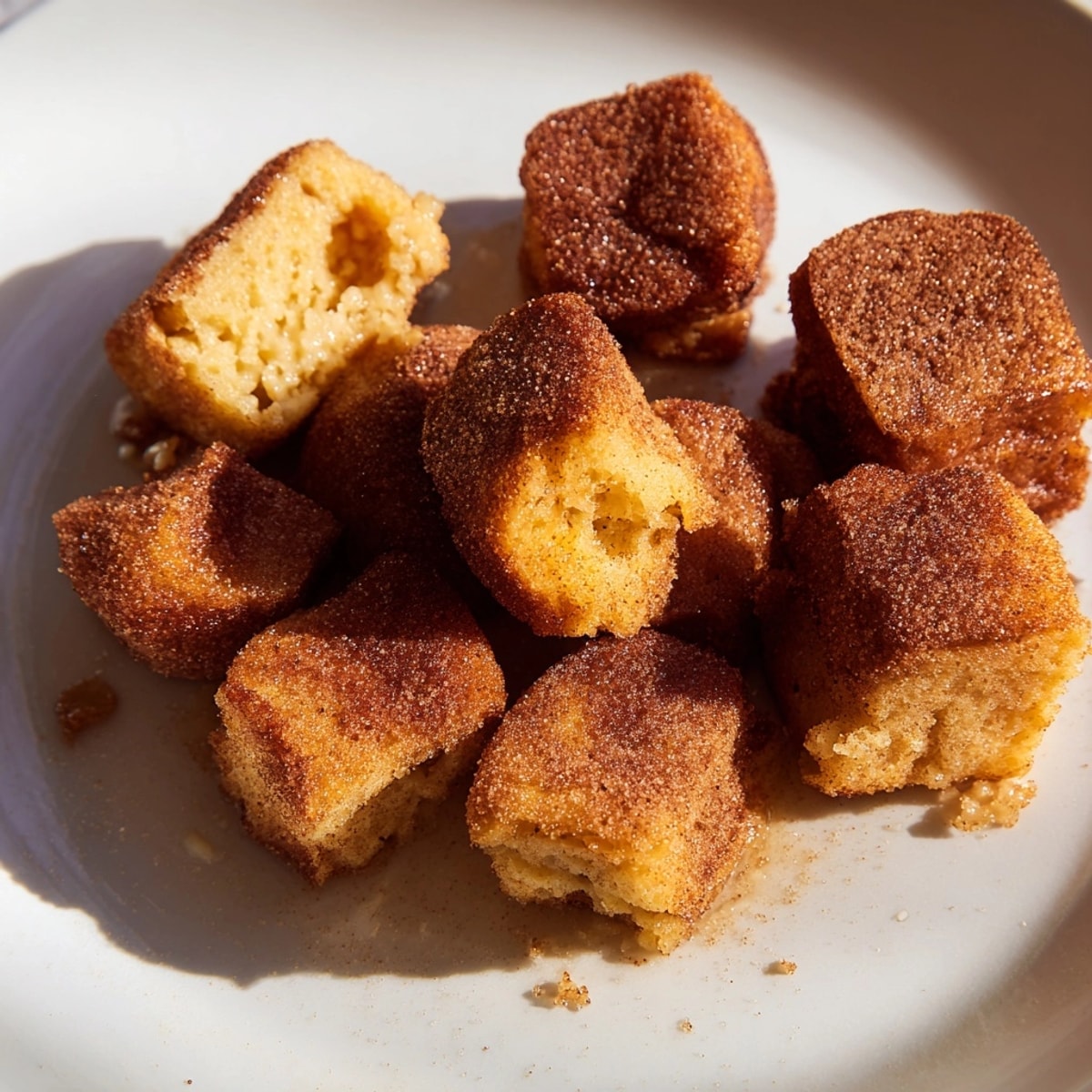 Warm Cinnamon Brown Sugar French Toast Bites, pan-fried brioche with a sweet, spiced coating.