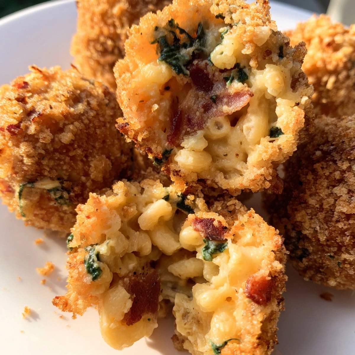 Golden, crispy Mac and Cheese Bacon Spinach Poppers—a rich and savory snack.