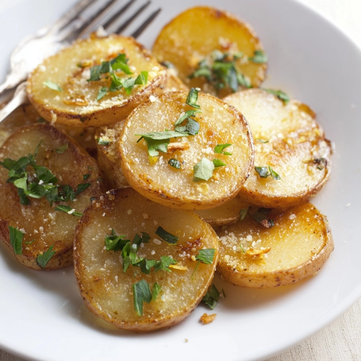 Golden Garlic Rosemary Potato Rounds, crispy edges, fresh herbs steaming after baking.