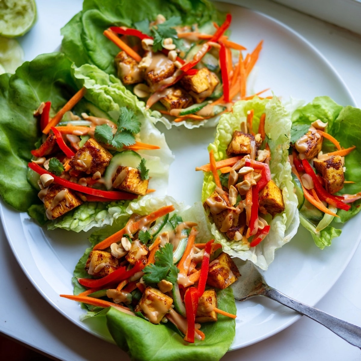Easy Thai Peanut Tofu Lettuce Wraps plated with lime wedges and fresh cilantro.