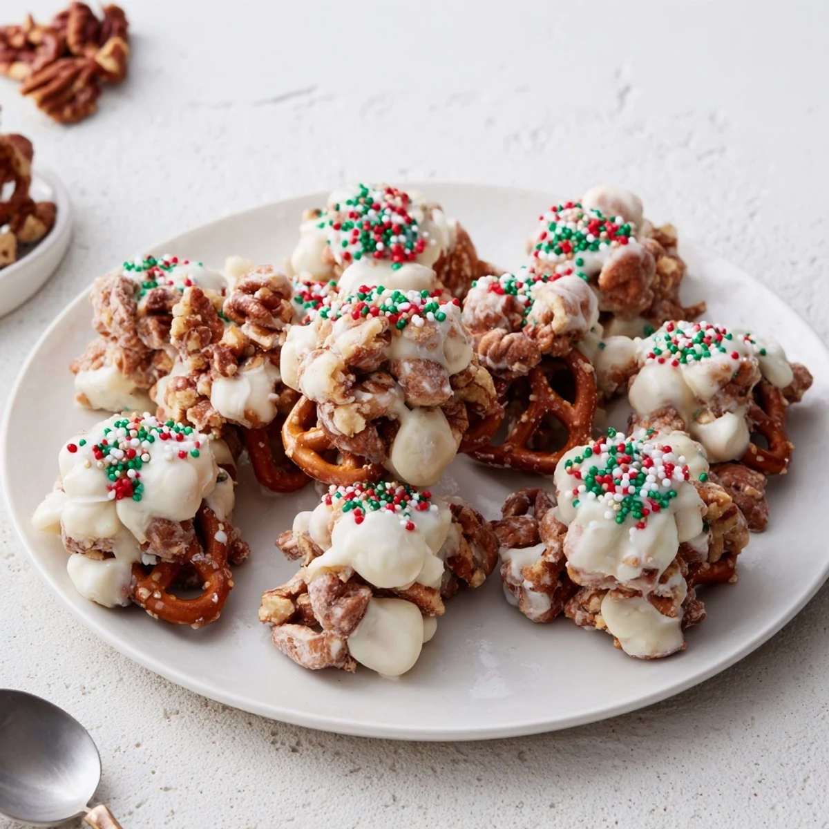 Festive gingerbread pretzel clusters bursting with crunchy texture and sweet flavors.  