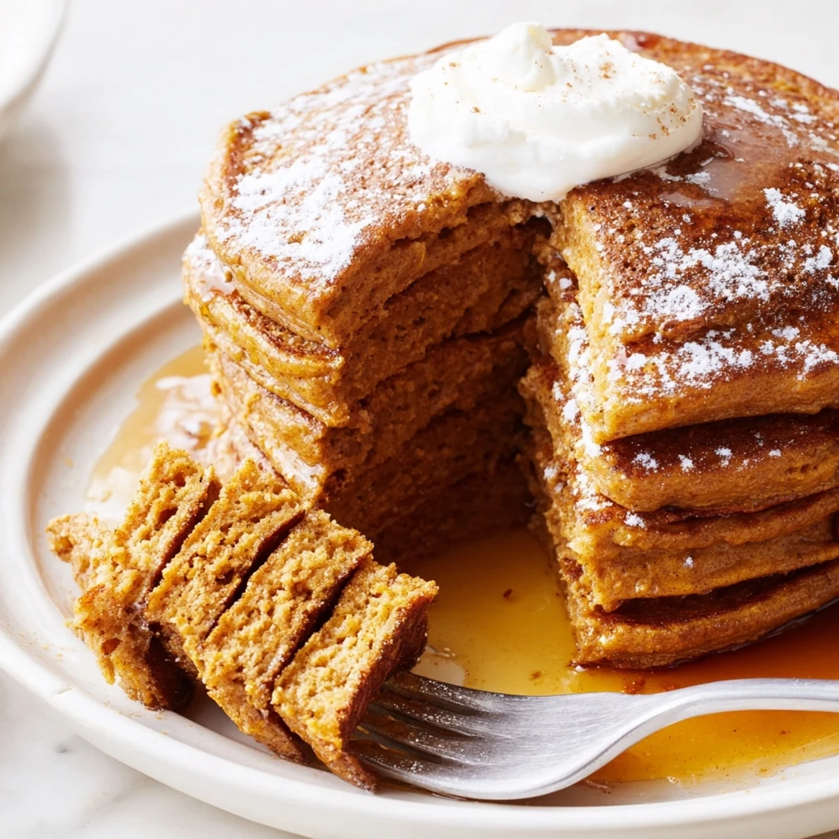 Fluffy Gingerbread Pumpkin Muffin Pancakes topped with syrup for a cozy breakfast delight.  