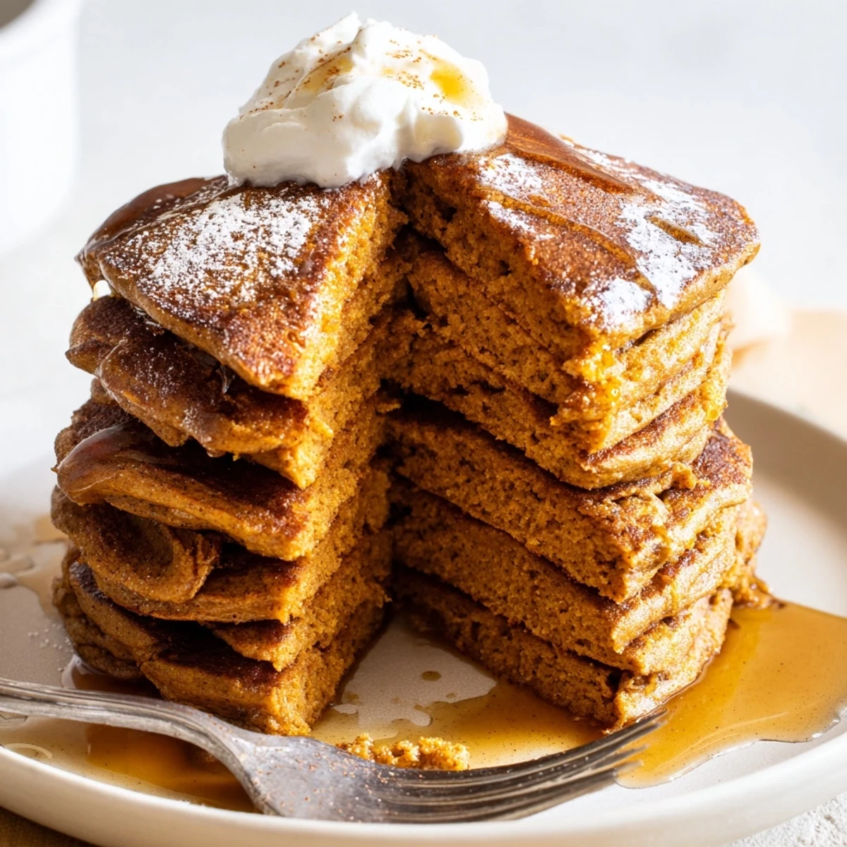 Deliciously spiced Gingerbread Pumpkin Muffin Pancakes, perfect for a festive autumn brunch.