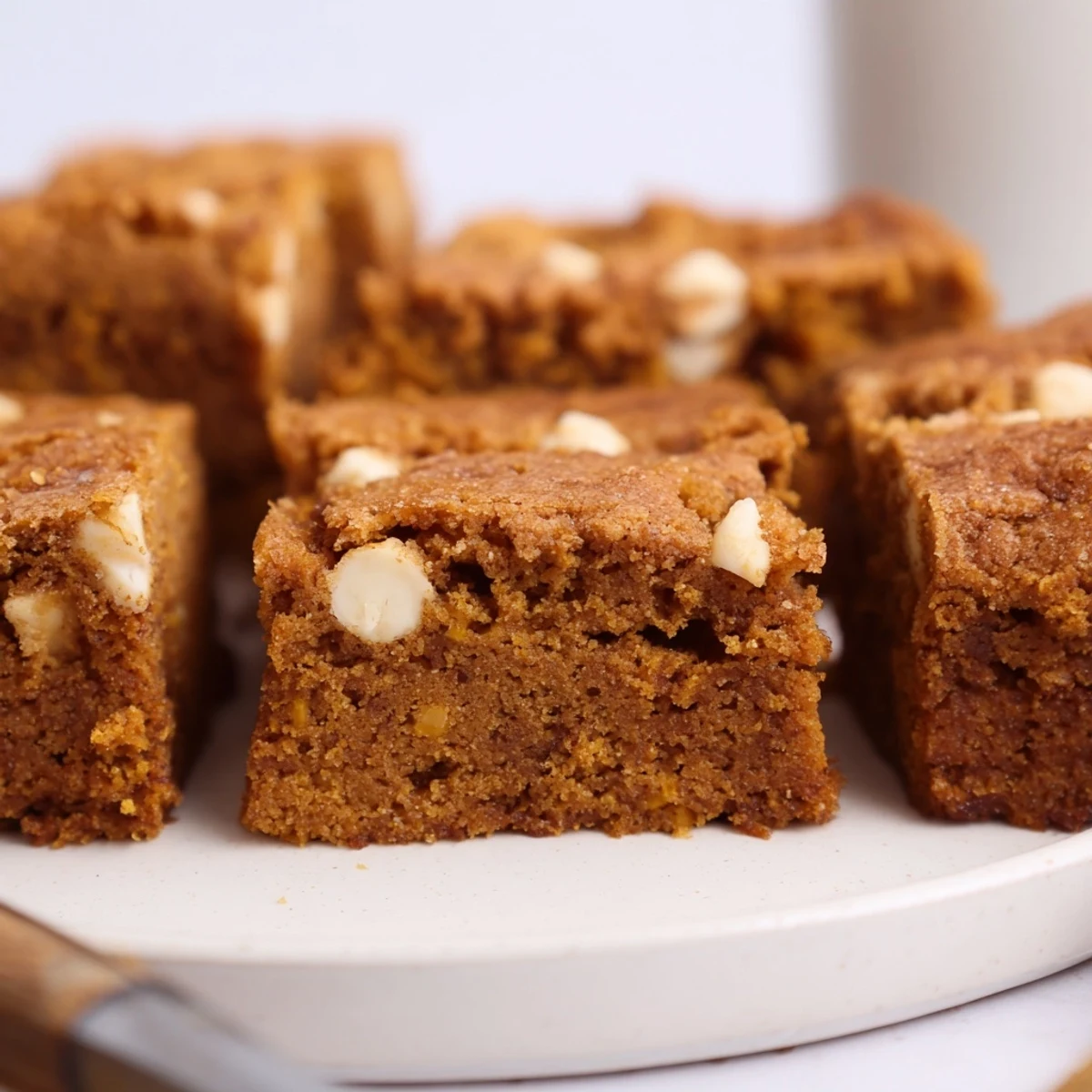 Deliciously spiced pumpkin muffin blondie bars cut into squares for a cozy dessert.  