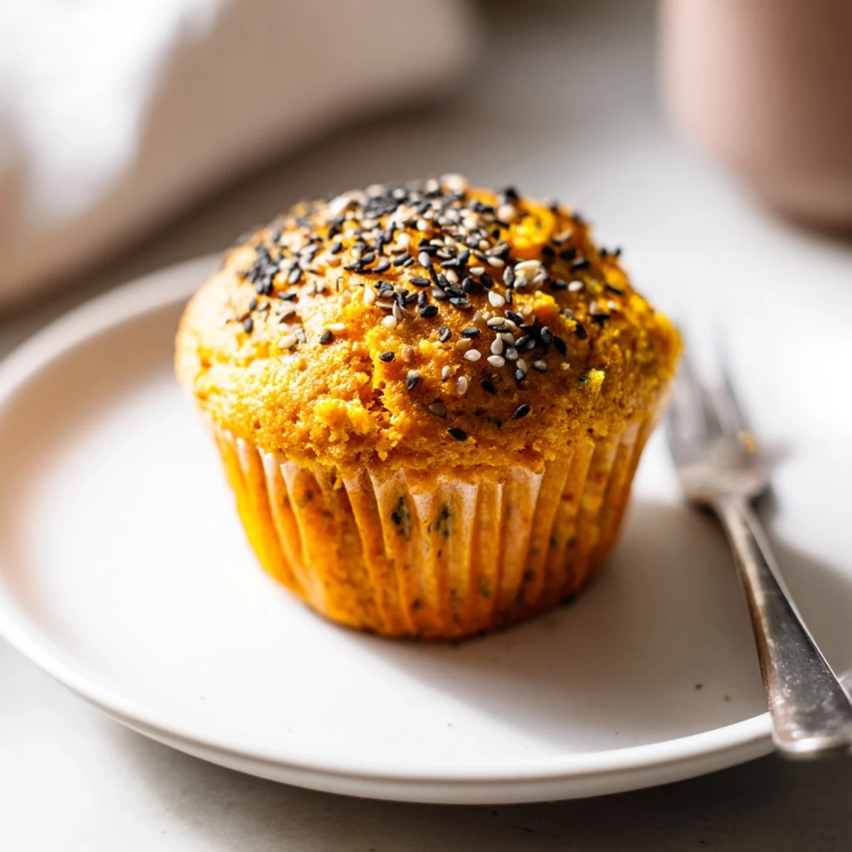 Moist Japanese sesame pumpkin muffins with a golden crust and nutty topping.  