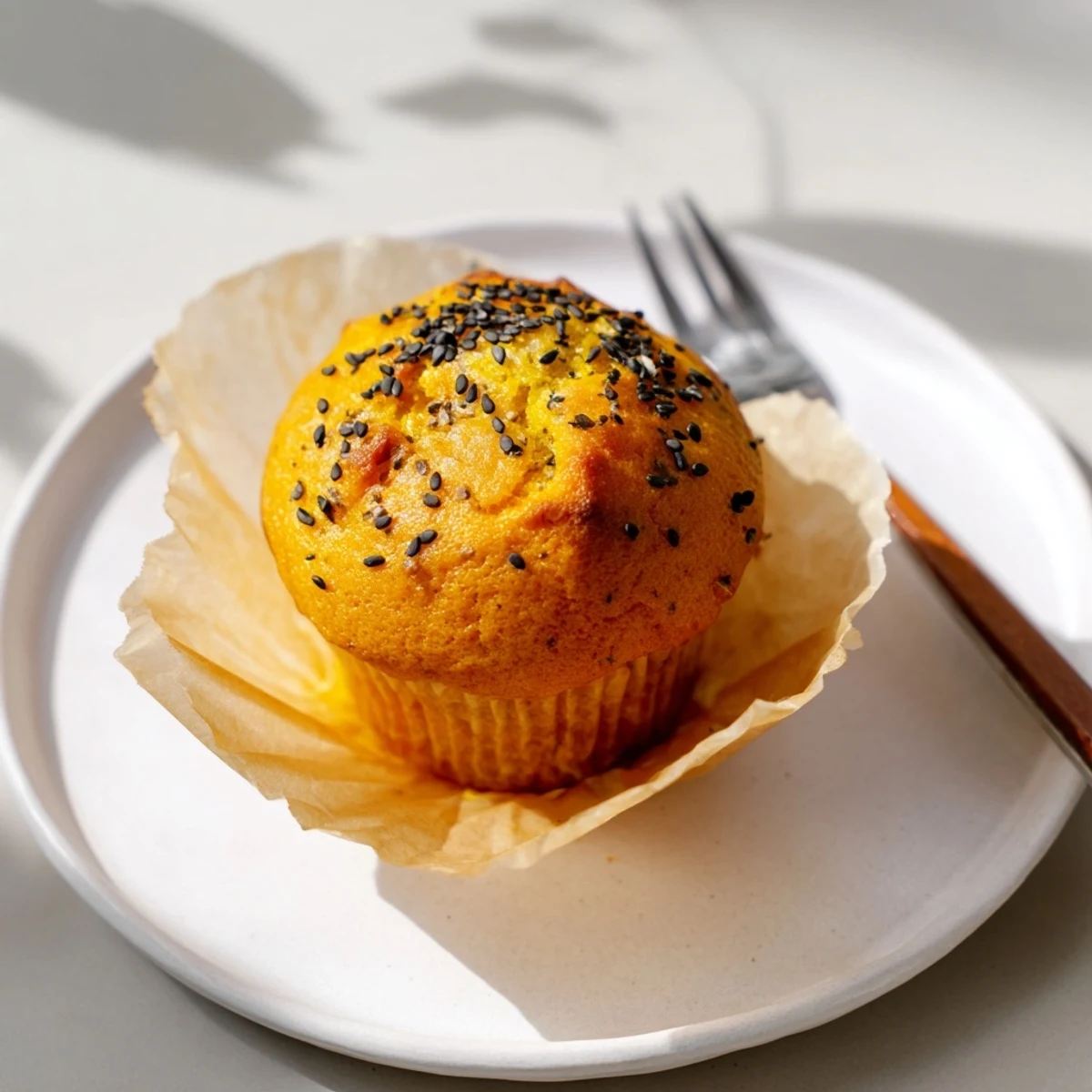 Freshly baked Japanese sesame pumpkin muffins garnished with black sesame seeds.