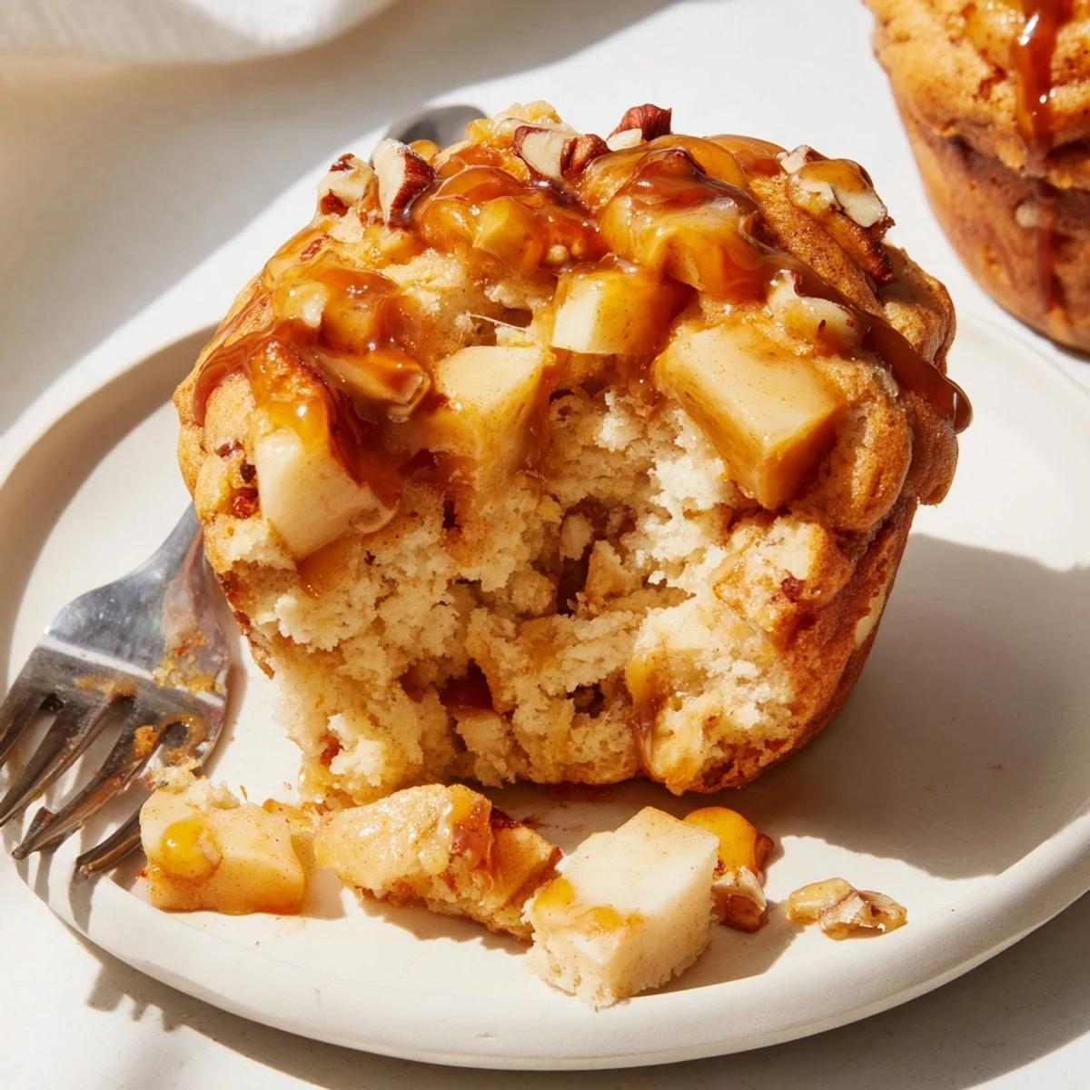 Delicious Maple Ginger Caramel Apple Pancake Muffins topped with warm maple syrup drizzle.  
