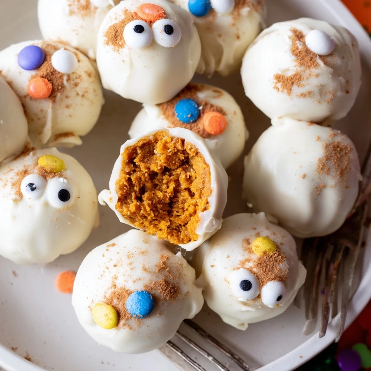 Moist sweet potato cake balls coated in white chocolate and cinnamon sugar for Halloween fun.  
