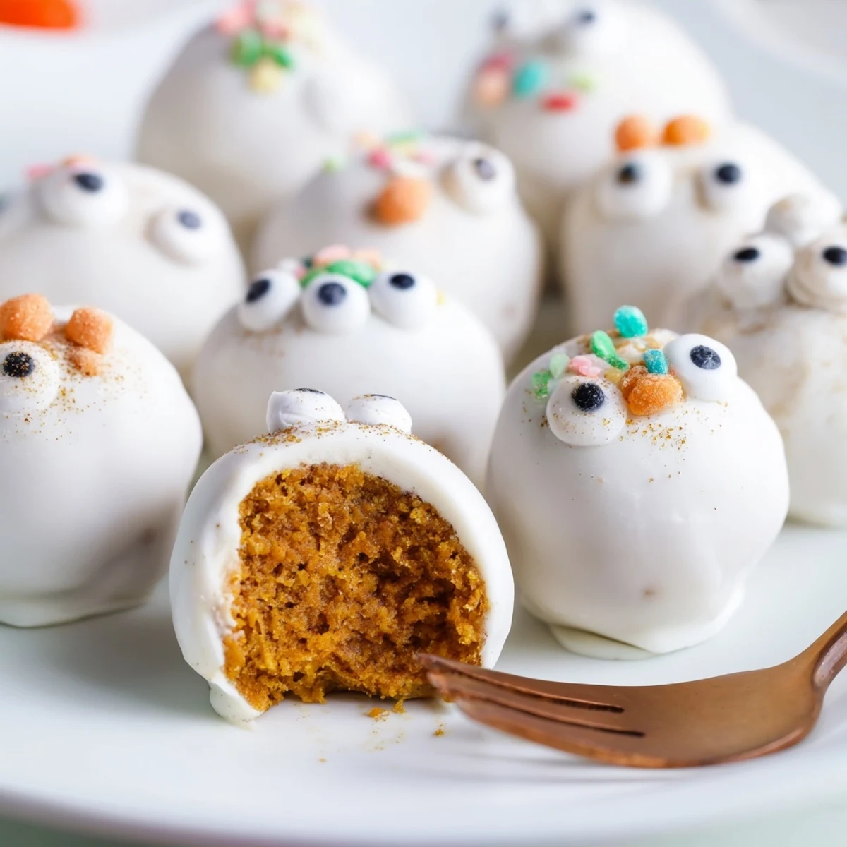 Playful monster-shaped cake balls featuring sweet potato and creamy frosting, perfect for parties.