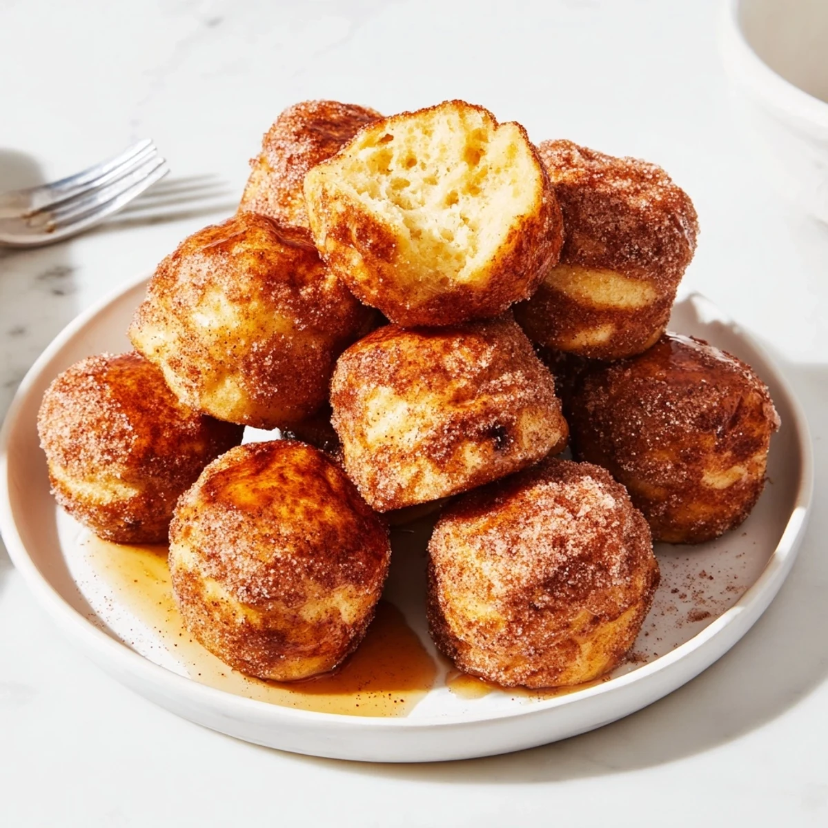 Warm cinnamon sugar pancake muffin balls infused with bourbon, ideal for a cozy gathering.