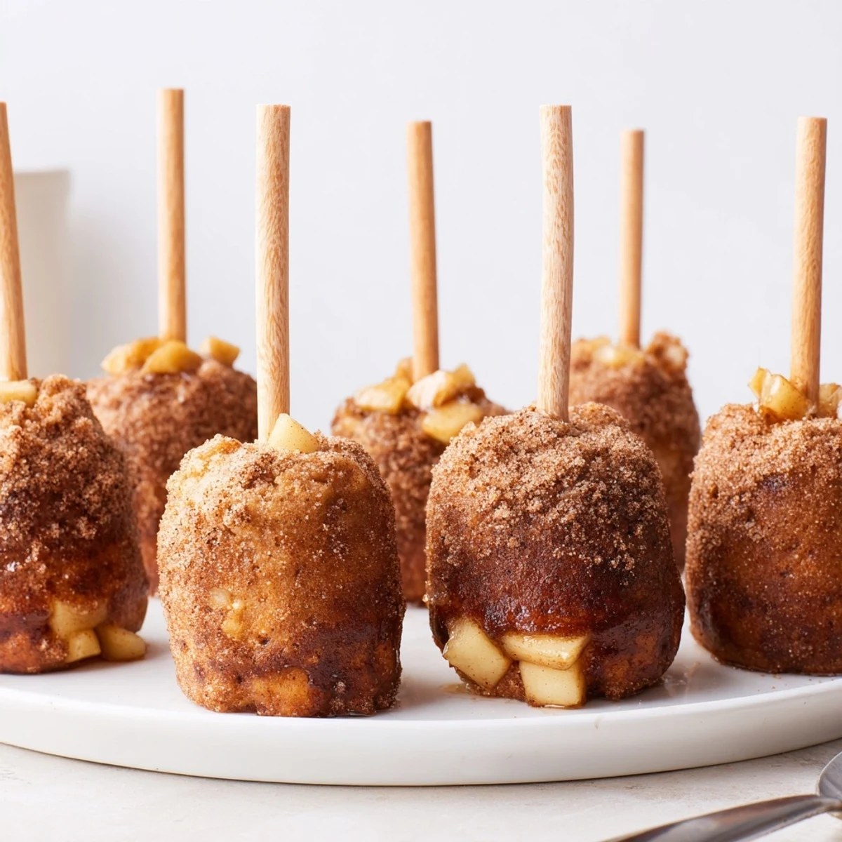 Tender Sweet Tea Caramel Apple Cinnamon Muffin Pops on a stick, perfect for a fun dessert.