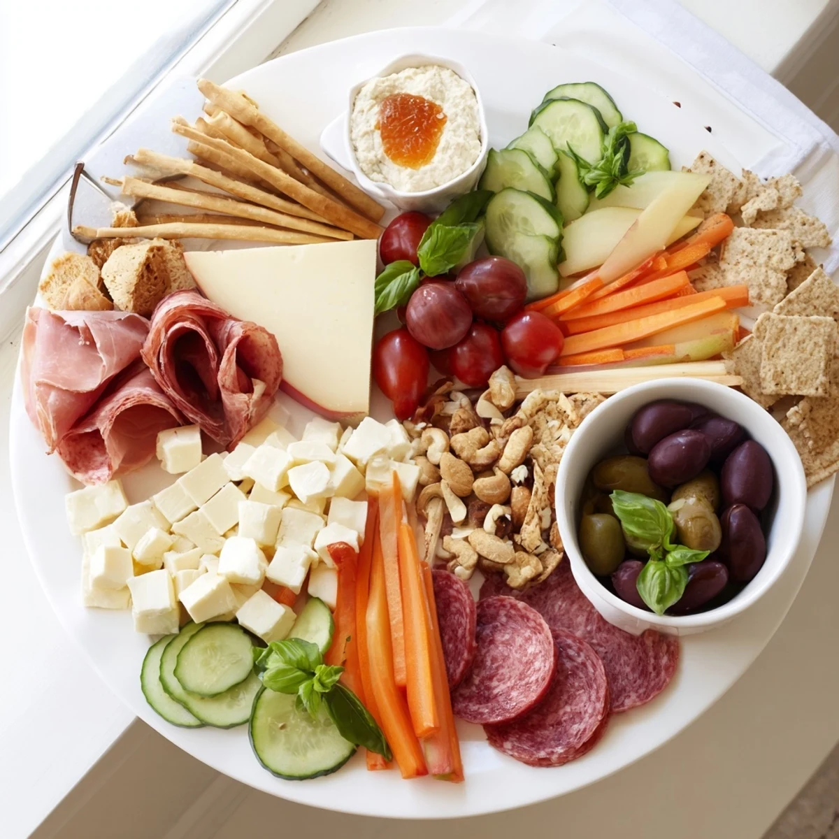 Beautifully arranged Girl Dinner Platter with vibrant vegetables, dips, and artisanal cheeses.  