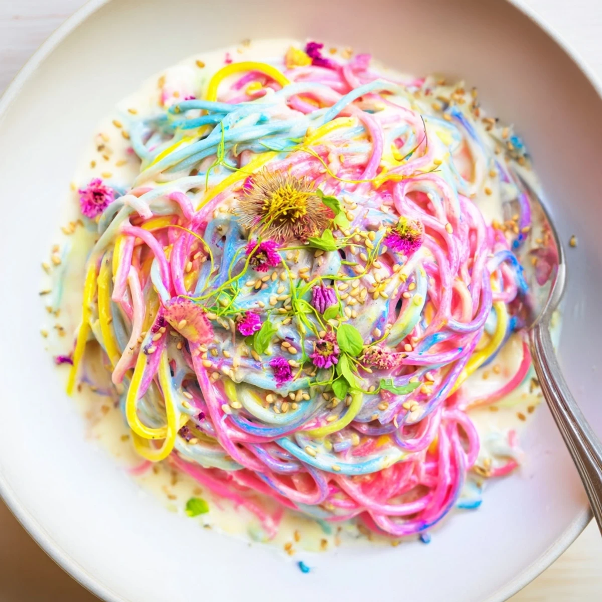 Colorful Neon Noodle Cloud swirled in creamy sauce, a delightful dish for all ages.  