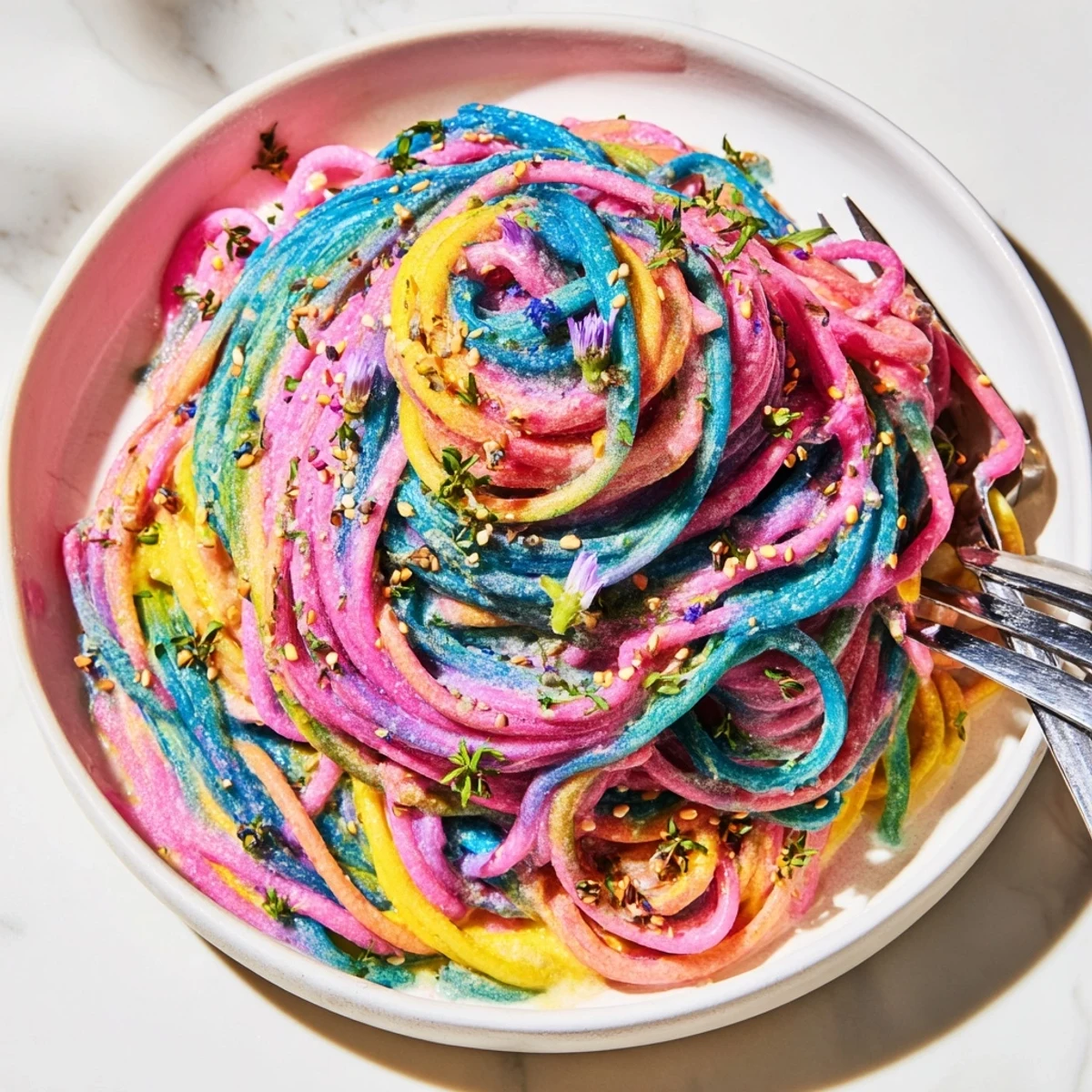Whimsical Neon Noodle Cloud featuring rainbow-colored noodles in a luscious creamy sauce.