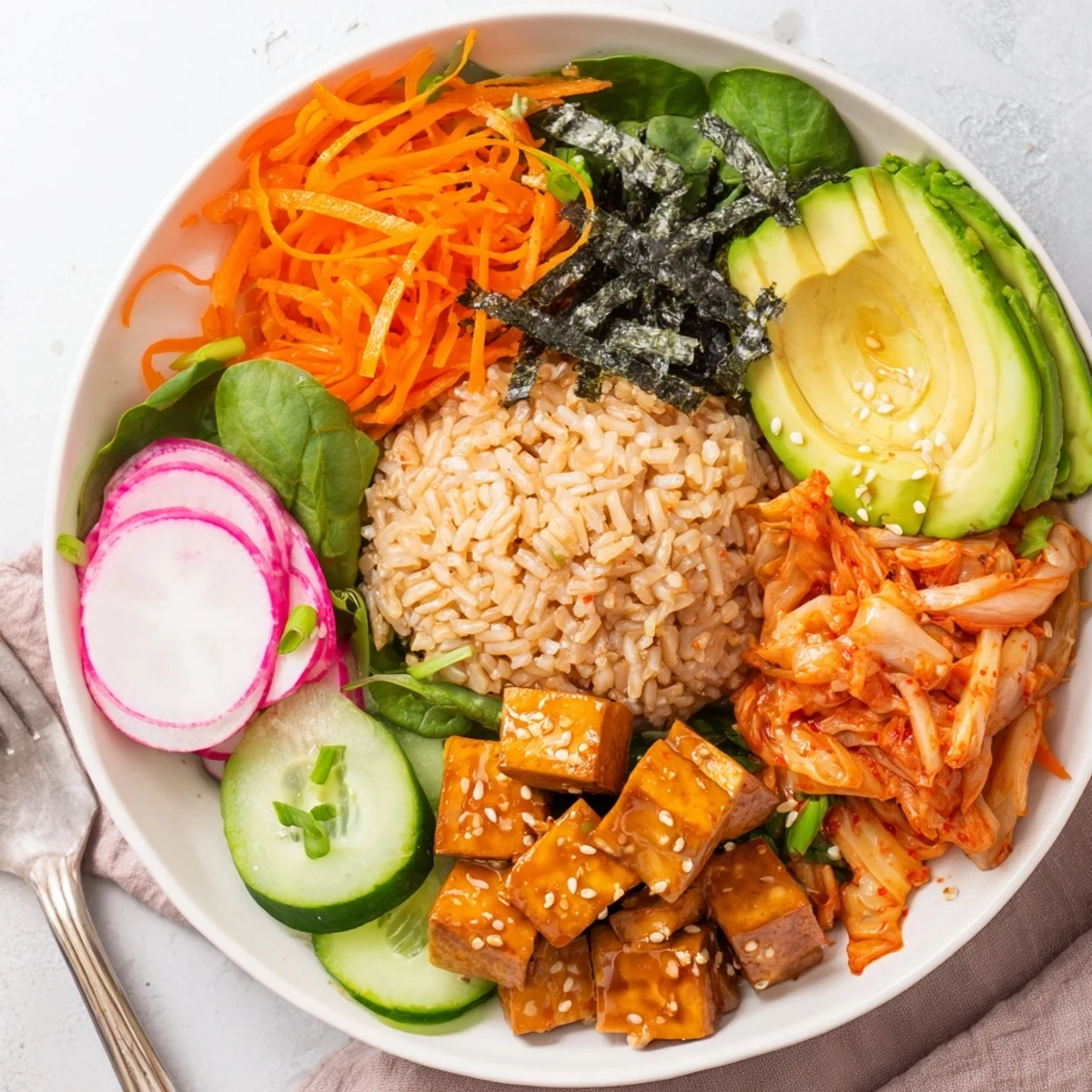 Healthy Fermented Vegetable Bowl featuring quinoa, fresh greens, and homemade tangy sauce.