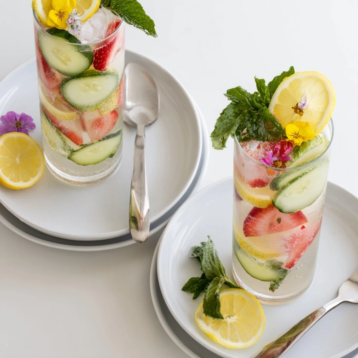 Refreshing Water-Based Mocktails garnished with mint and vibrant fruit slices.  