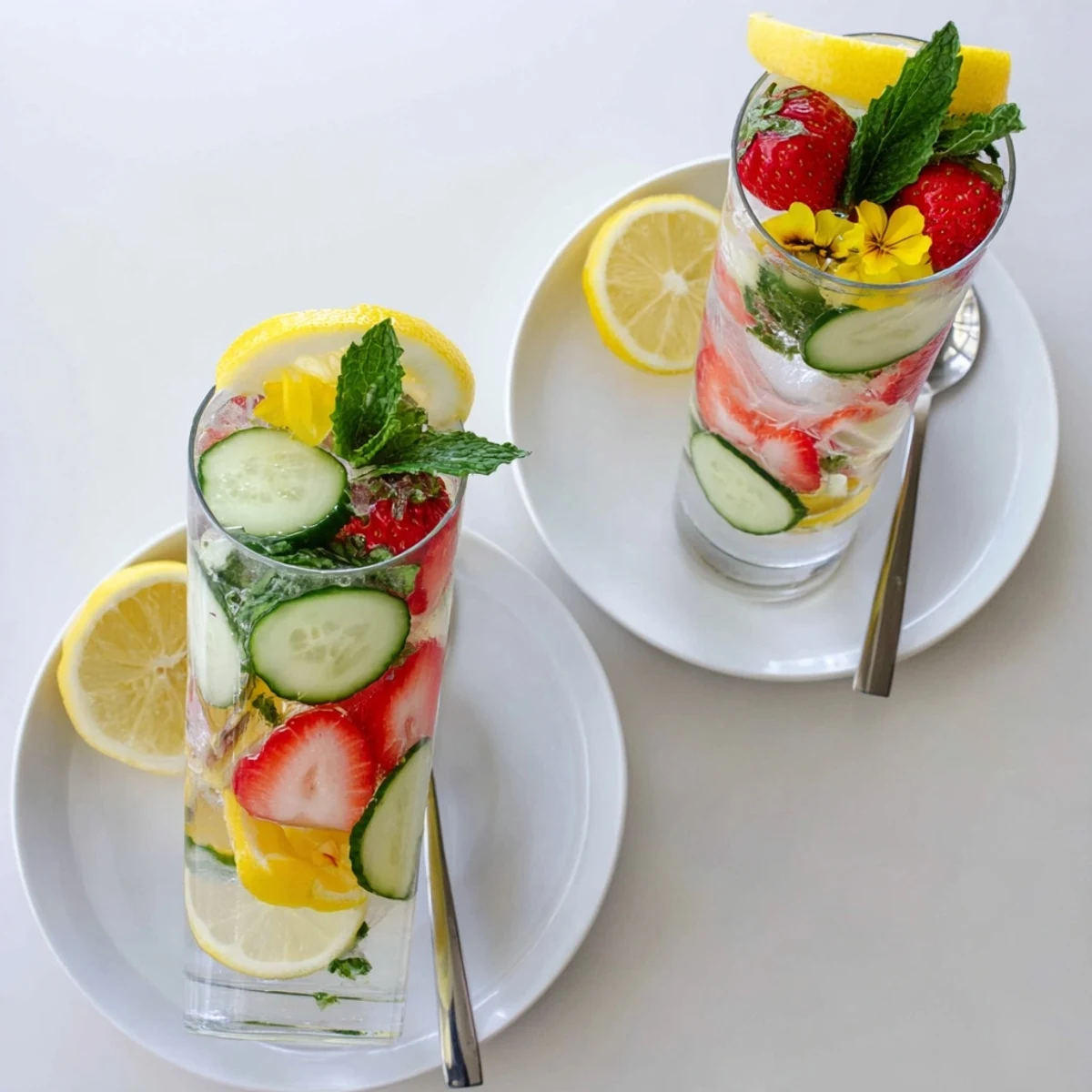 Delicious Water-Based Mocktails with colorful cucumber and strawberries on ice.  