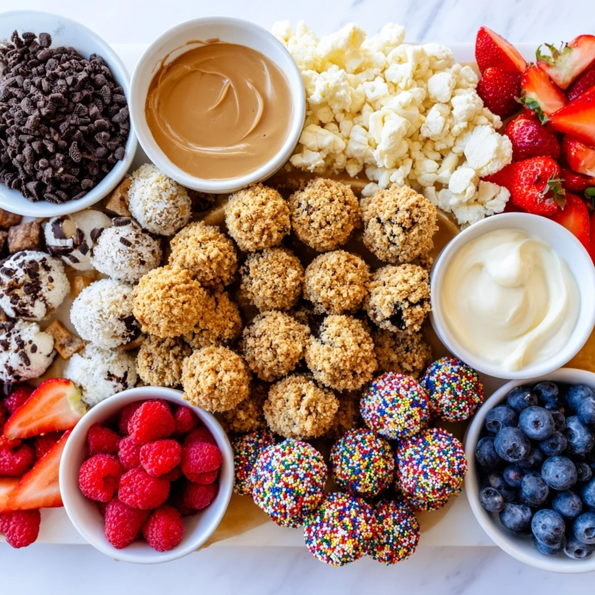 Deconstructed dessert board featuring creamy cheesecake bites and colorful fresh toppings. 