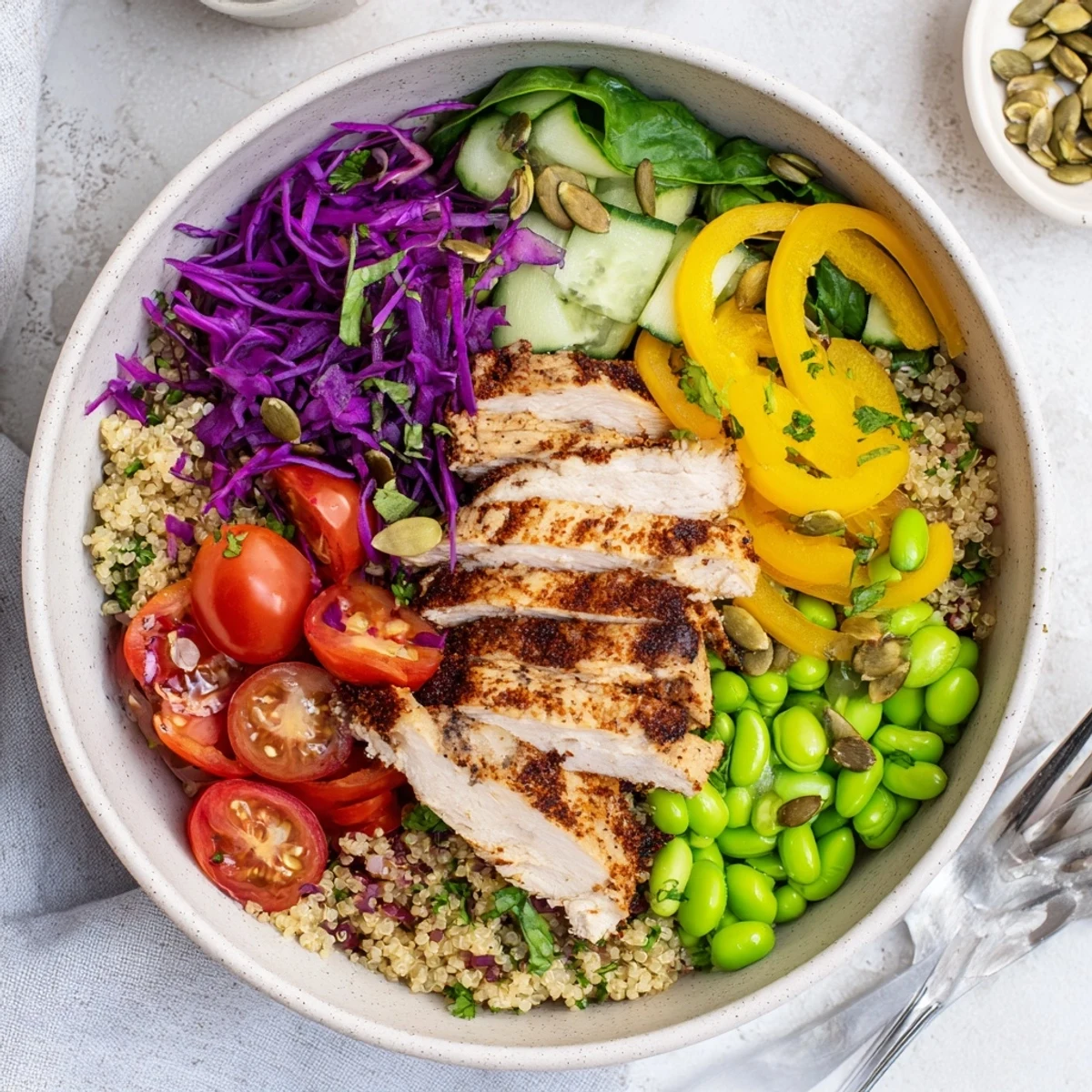 Vibrant healthy meal-prep bowls featuring quinoa, chicken, and colorful veggies.  