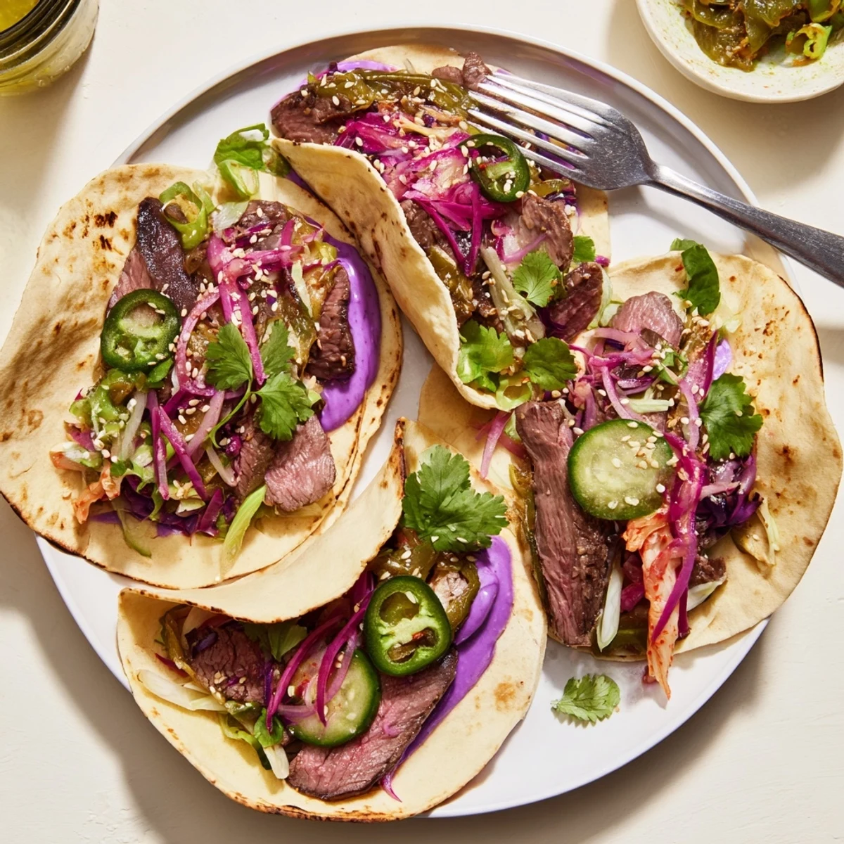 Vibrant Global Street-Food Fusion Tacos topped with colorful veggies and ube crema.  