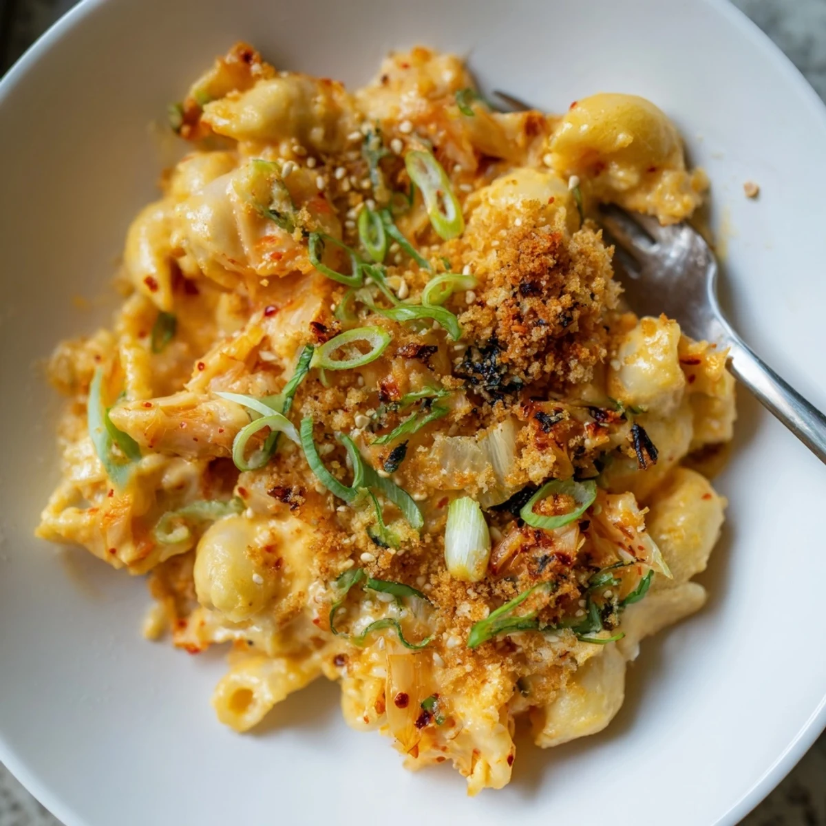 Bold Spicy Kimchi Mac & Cheese topped with crunchy sesame provides a fusion flavor explosion.