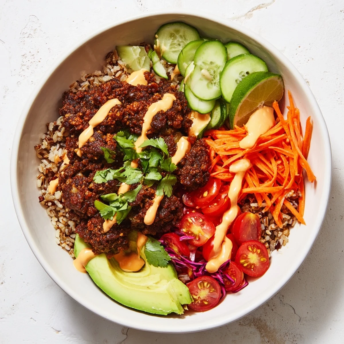 Savory Plant-Based Meat Bowl with quinoa, tomatoes, and crunchy shredded cabbage.