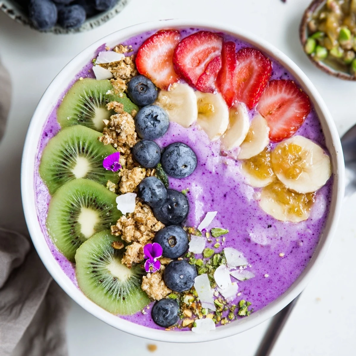 Colorful smoothie bowls featuring creamy textures and crunchy toppings for breakfast delight.  